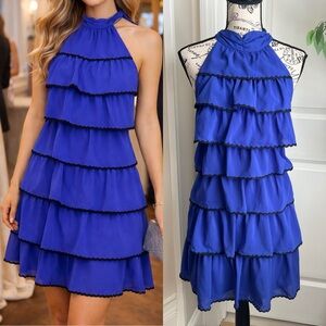 Rampage Tiered Ruffle Halter Cocktail Dress Royal Blue Sz M